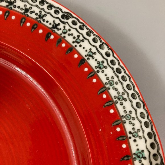 Anthro Red w Teal White Banded Border Dinner Plate - Picture 2 of 4